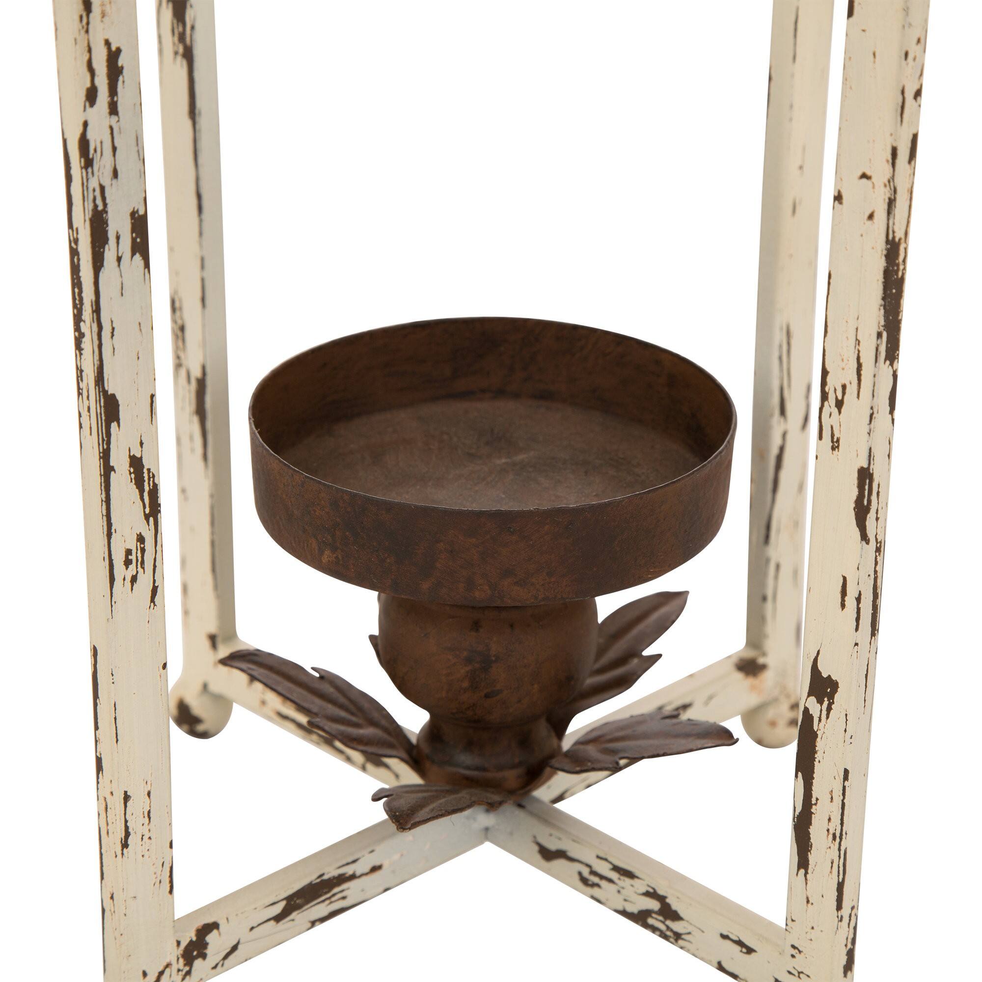 16.5" Modern Farmhouse White & Brown Metal Candle Lantern Set